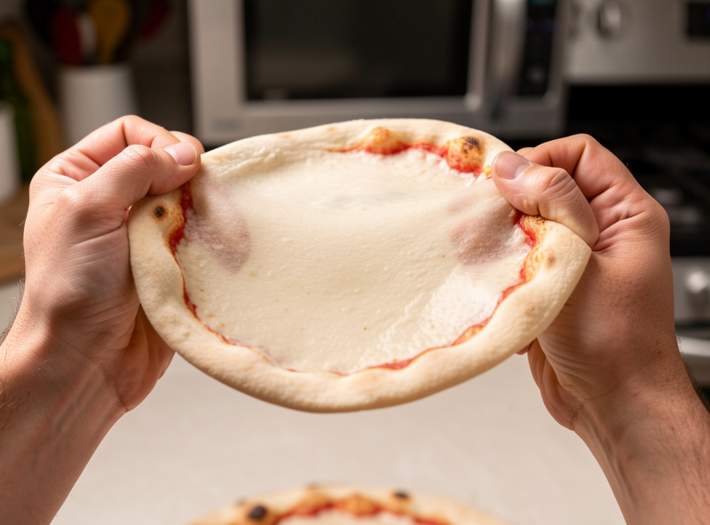 Hands draping a thin Neapolitan pizza skin over both fists with a puffed intact rim, the center stretched nearly translucent