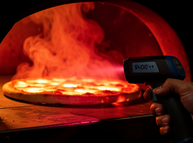 Infrared thermometer gun reading the glowing hot baking stone of a pizza oven