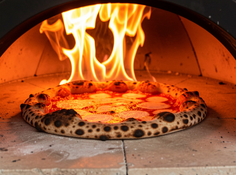 Neapolitan pizza baking on a hot stone with flames curling over the leoparded crust