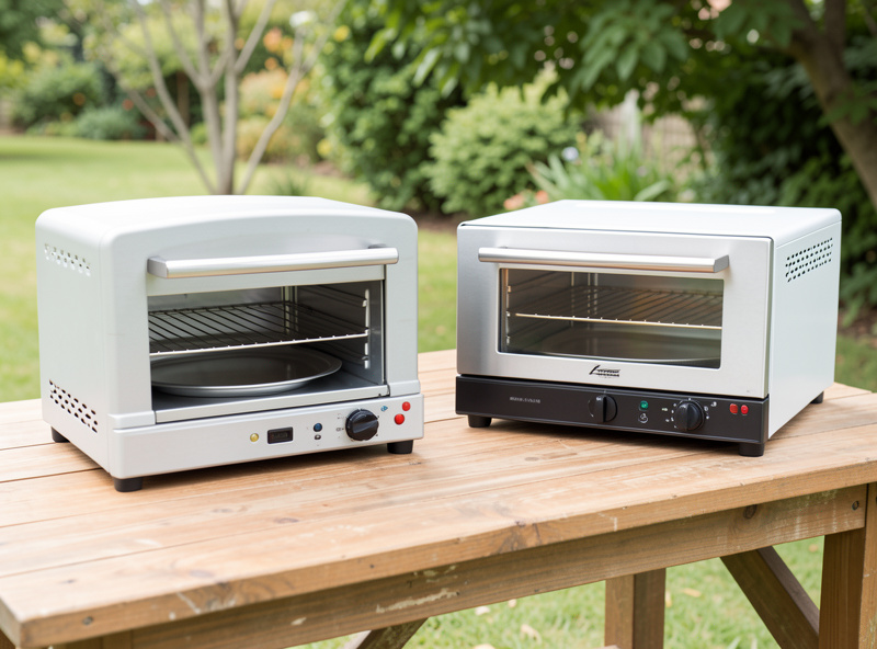 Portable gas pizza oven beside an indoor electric pizza oven on a workbench