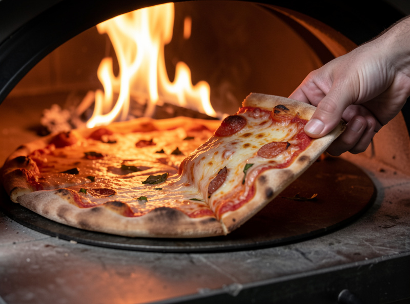 A turning peel lifting one edge of a pizza inside a flaming wood-fired oven to rotate it