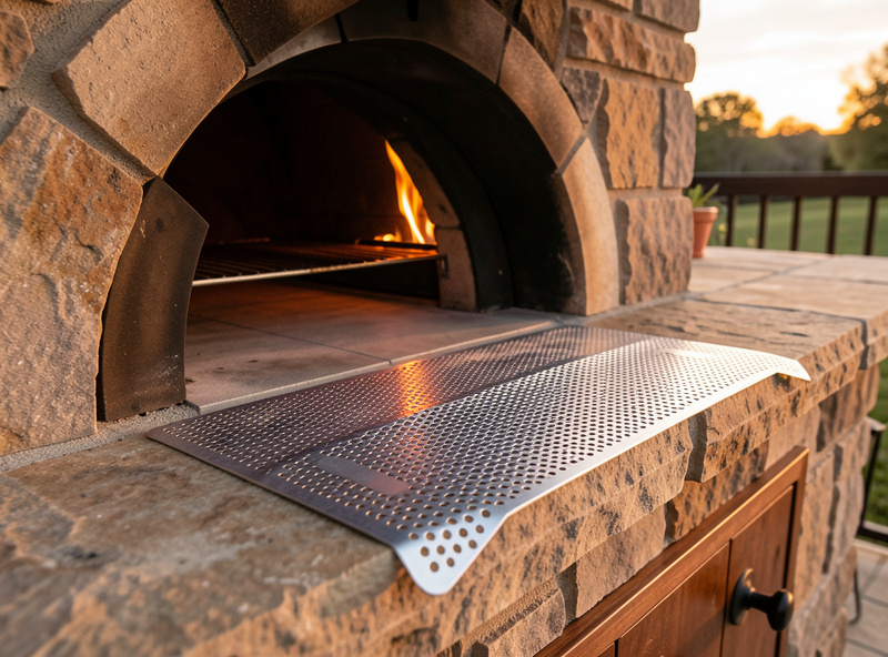 An eight-inch perforated aluminum turning peel resting on the edge of an outdoor pizza oven