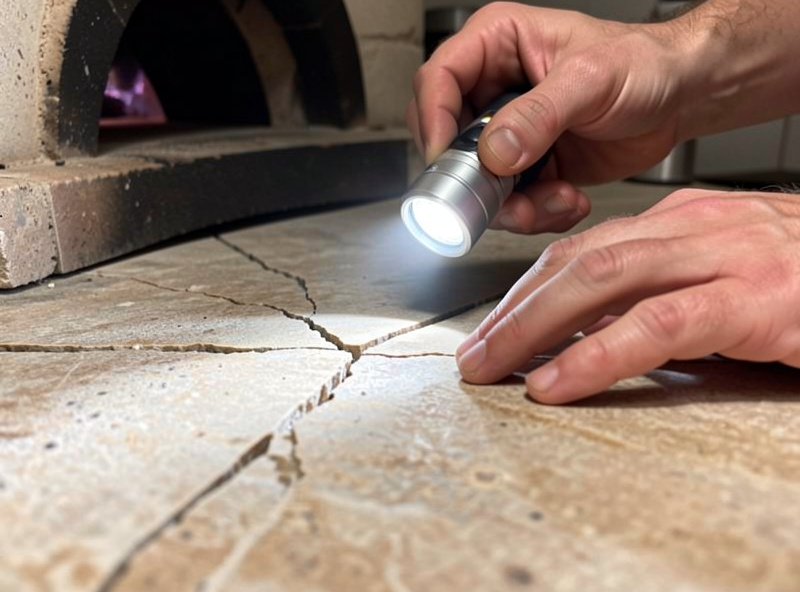 Inspecting the stone floor of a used pizza oven for cracks before buying