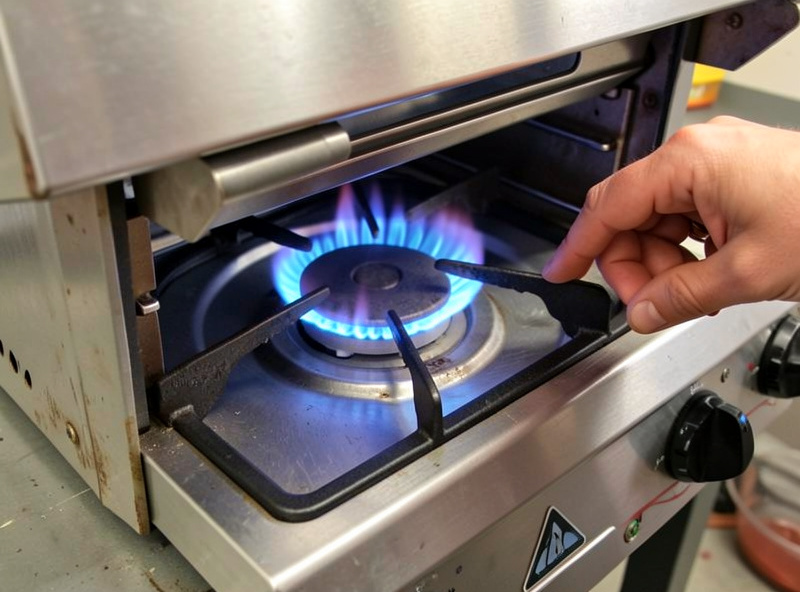 Testing a used gas pizza oven by checking the flame pattern and stone temperature