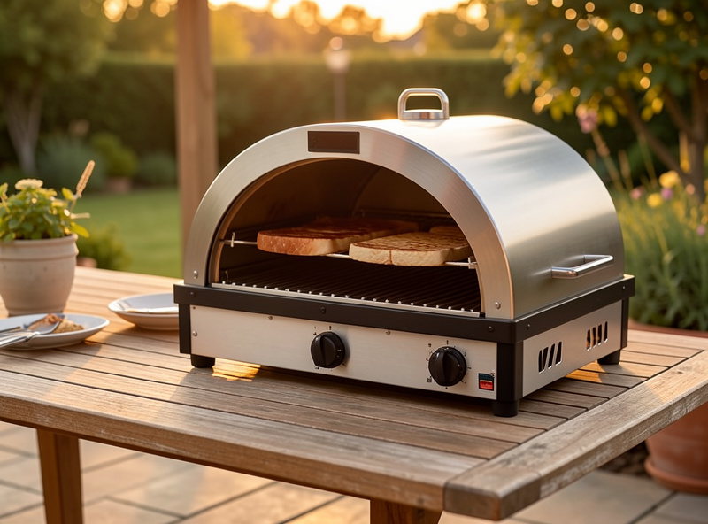 A 16-inch portable pizza oven sized for home use on a patio