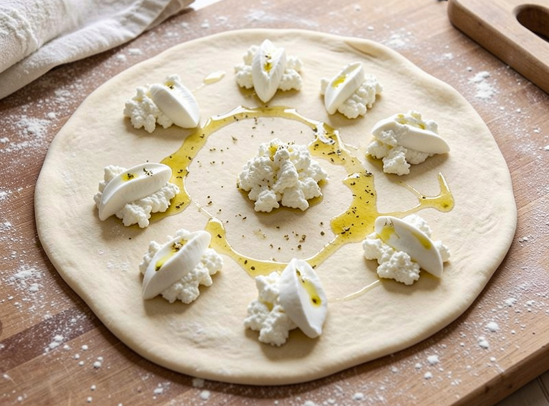 Stretched pizza dough dotted with ricotta, fresh mozzarella, and garlic olive oil for a white bianca base