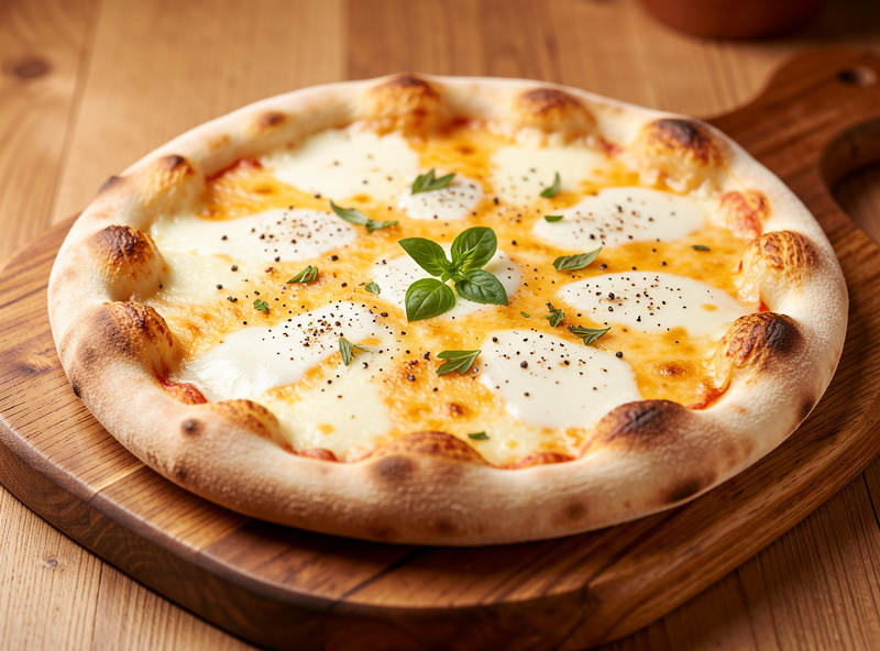 A baked white pizza topped with ricotta, mozzarella, black pepper and fresh herbs